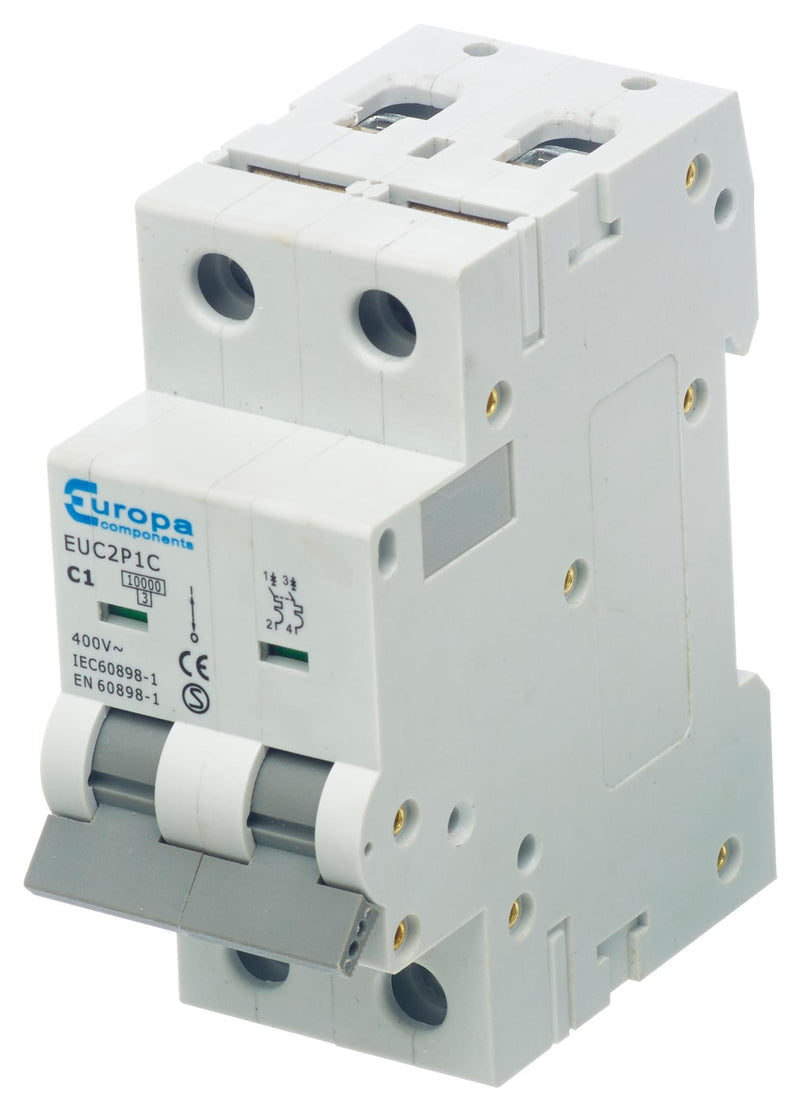 EUROPA COMPONENTS EUC2P10C Thermal Magnetic Circuit Breaker, C Curve, EUC2P Series, 230 V, 10 A, 2 Pole, DIN Rail