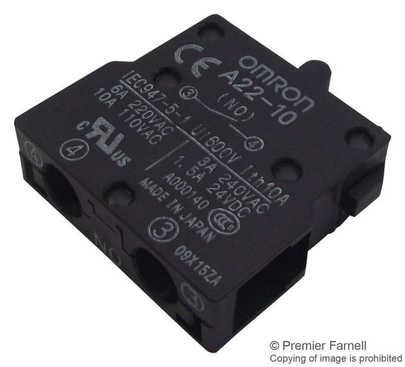 OMRON INDUSTRIAL AUTOMATION A2210 Contact Block, SPST-NO, 10 A, 24 V, 1 Pole