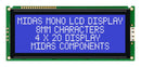 MIDAS MC42008A6W-BNMLW Alphanumeric LCD, 20 x 4, White on Blue, 5V, Parallel, English, Japanese, Transmissive