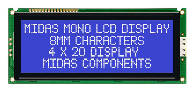 MIDAS MC42008A6W-BNMLW Alphanumeric LCD, 20 x 4, White on Blue, 5V, Parallel, English, Japanese, Transmissive