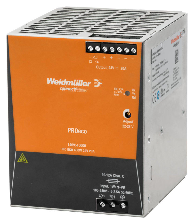 WEIDMULLER 1469510000 AC/DC DIN Rail Power Supply (PSU), 1 Output, 480 W, 24 V, 20 A