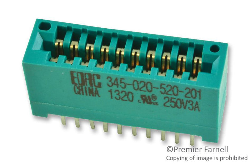 EDAC 345-020-520-201 Connector, 345 Series, Card Edge, 20 Contacts, Receptacle, 2.54 mm, Through Hole