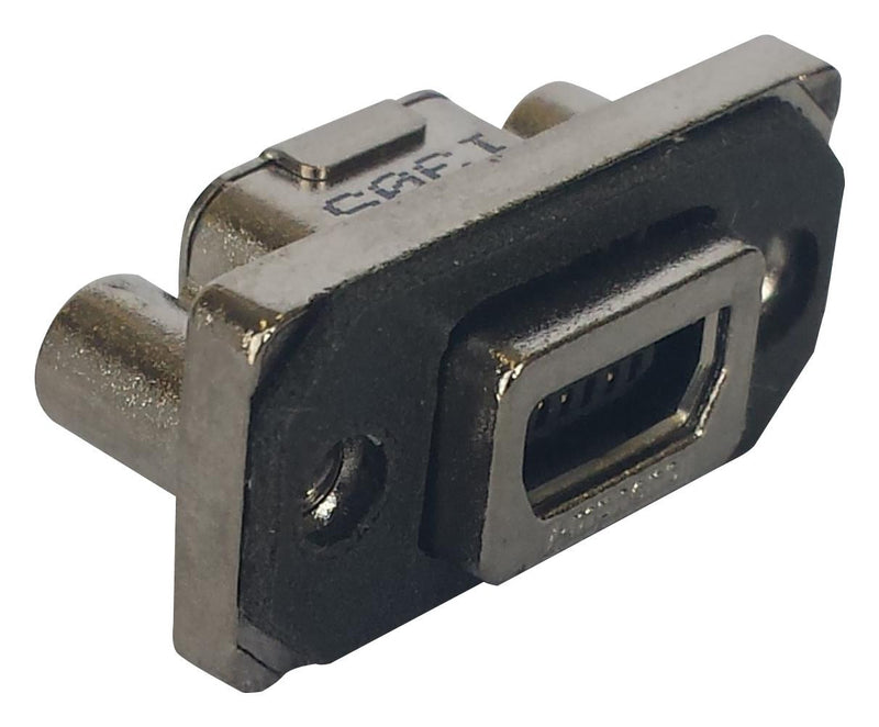 AMPHENOL COMMERCIAL PRODUCTS MUSBE15104 USB Connector, Mini USB Type AB, USB 2.0, Receptacle, 5 Ways, Panel Mount, Right Angle