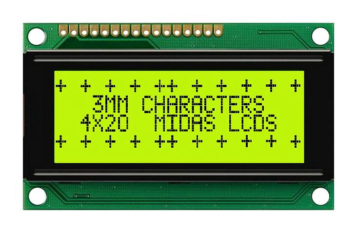 MIDAS MC42004A6W-SPTLY-V2 Alphanumeric LCD, 20 x 4, Black on Yellow / Green, 5V, Parallel, English, Japanese, Transflective