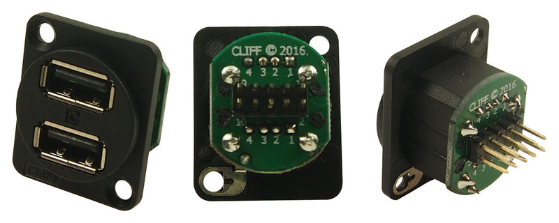 CLIFF ELECTRONIC COMPONENTS CP30100 Dual USB 2.0 A Panel Mount Sockets in XLR Housing, CSK Hole, Black