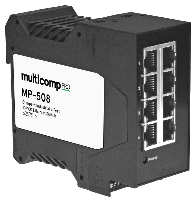 Multicomp PRO MP-508 Switch 8 Ports Industrial Unmanaged Fast Ethernet DIN Rail RJ45 x 10Mbps 100Mbps