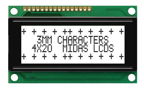 MIDAS MC42004A6W-FPTLW-V2 Alphanumeric LCD, 20 x 4, Black on White, 5V, Parallel, English, Japanese, Transflective