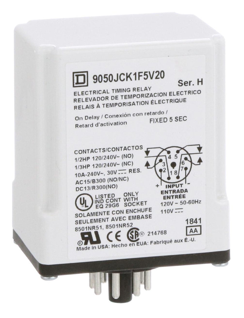 Square D BY Schneider Electric 9050JCK1F5V20 9050JCK1F5V20 Time Delay Relay Dpdt 5S 120VAC New