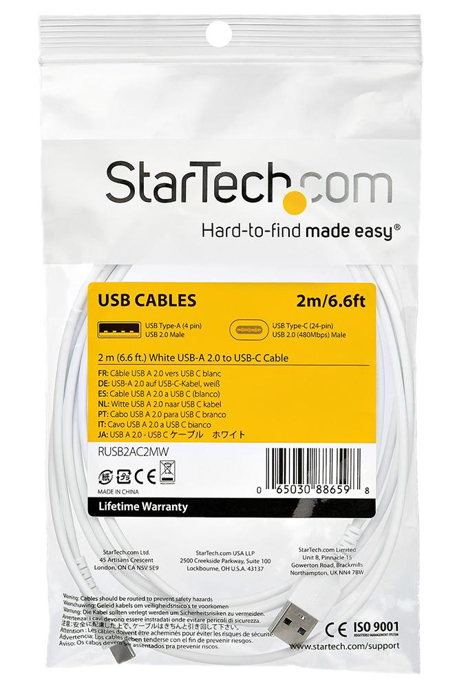 Startech RUSB2AC2MW USB Cable Type A Plug to C 2 m 6.6 ft 2.0 White