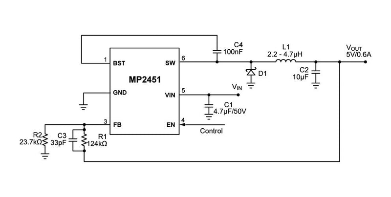Monolithic Power Systems (MPS) MP2451DJ-LF-Z DC-DC Switching Buck (Step Down) Regulator 3.3V-36V in 800mV to 28.8V out 600mA 2MHz TSOT-23-6