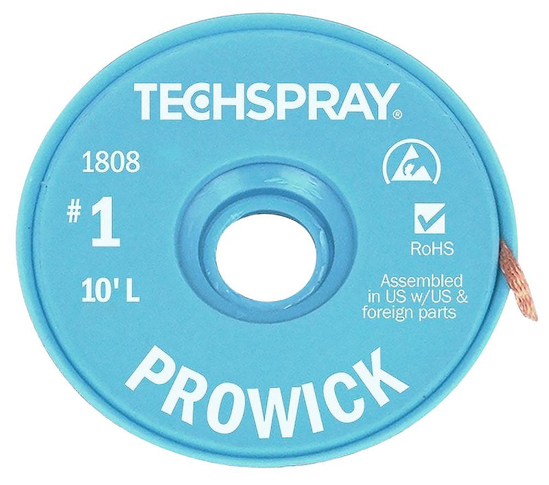 Techspray 1808-100F 1808-100F Desoldering Braid 100 ft x 0.9 mm Flux Coated Copper Pro-Wick New