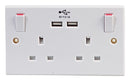 PRO Elec 2213U Socket USB Switched 2 Gang 13 A White Moulded
