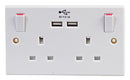 PRO Elec 2213U Socket USB Switched 2 Gang 13 A White Moulded