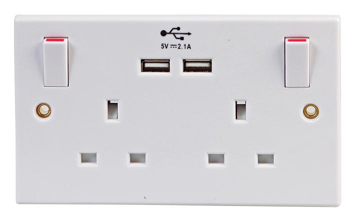 PRO Elec 2213U Socket USB Switched 2 Gang 13 A White Moulded