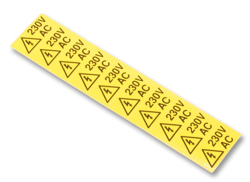 TE CONNECTIVITY 13027 Label, 230VAC, Vinyl, Black on Yellow, Self Adhesive, 19mm x 38mm, Card of 10