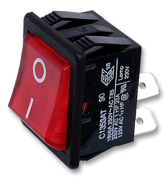 ARCOLECTRIC C1353ATNAN Rocker Switch, Illuminated, DPST, Off-On, Red, Panel, 16 A