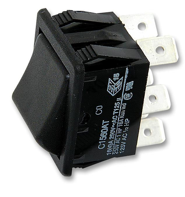 ARCOLECTRIC C1560ATAAB Rocker Switch, Non Illuminated, DPDT, On-On, Black, Panel, 16 A