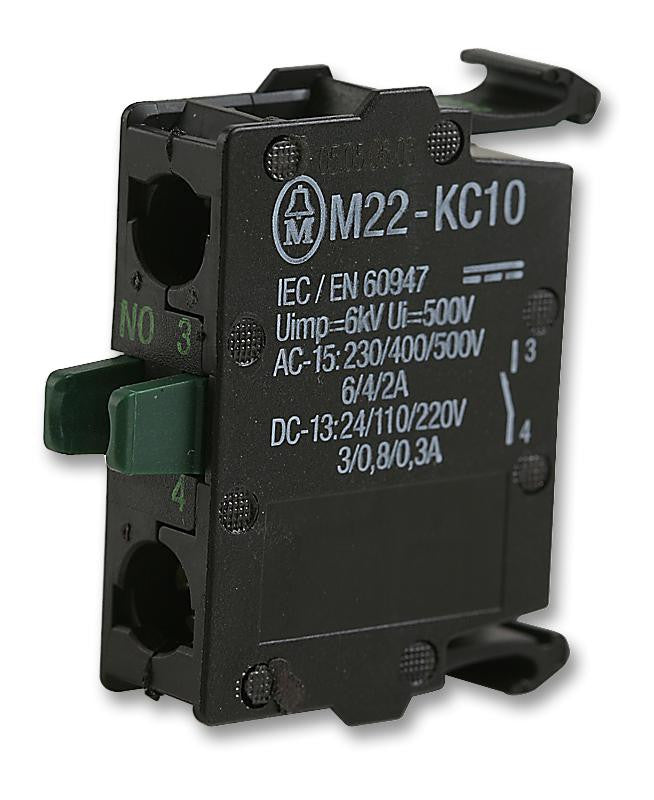 EATON MOELLER M22-KC10 Contact Block, 1NO, 6 A, 500 V, 1 Pole, M22 Series, Screw