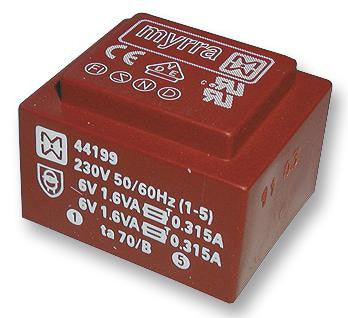 MYRRA 44193 Isolation Transformer, EI 38 x 13.6, 3.2 VA, 1 x 230V, 6V, 533 mA, PCB MOUNTED 44xxx Series