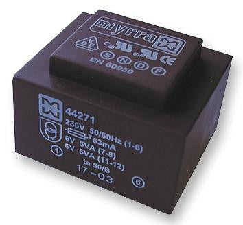 MYRRA 44265 Isolation Transformer, EI 48 x 16.8, 10 VA, 1 x 230V, 6V, 1.667 A, PCB MOUNTED 44xxx Series