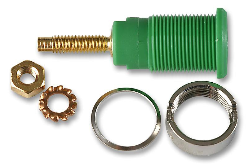 STAUBLI 23.3020-25 Banana Test Connector, 4mm, Receptacle, Panel Mount, 32 A, 1 kV, Gold Plated Contacts, Green