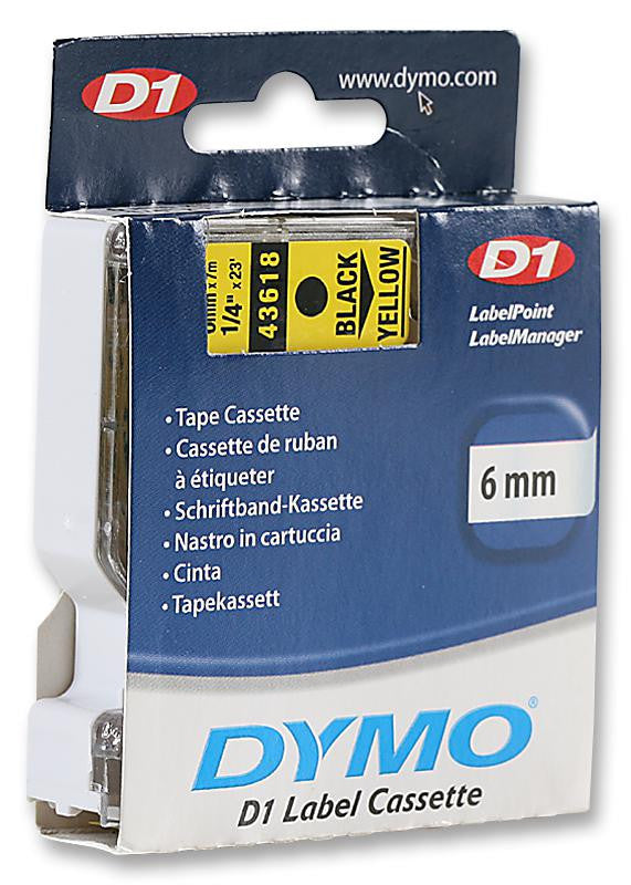 DYMO 43618 TAPE, BLACK/YELLOW, 6MM