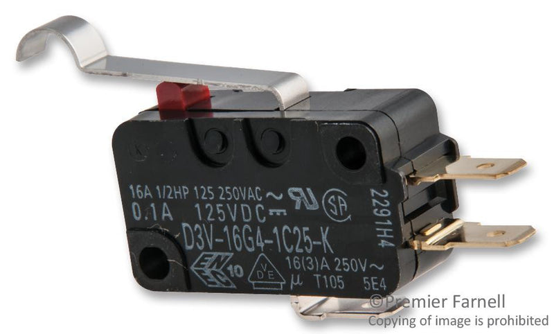 OMRON ELECTRONIC COMPONENTS D3V-16G4-1C25-K MICROSWITCH, ROLLER LEVER SPDT 16A 250V