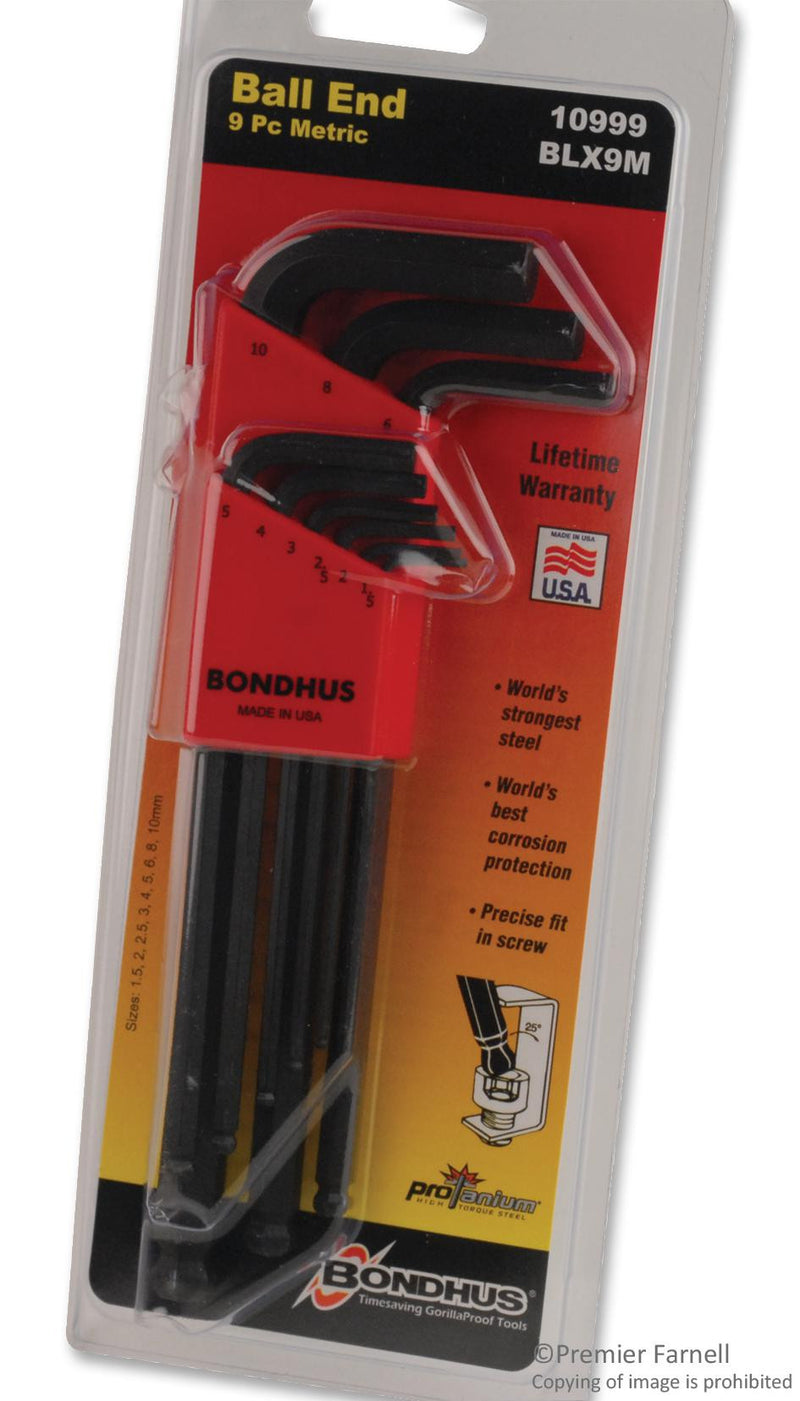 BONDHUS 10999 (BLX9MM) HEX KEY SET, BALL END, 9 PIECES