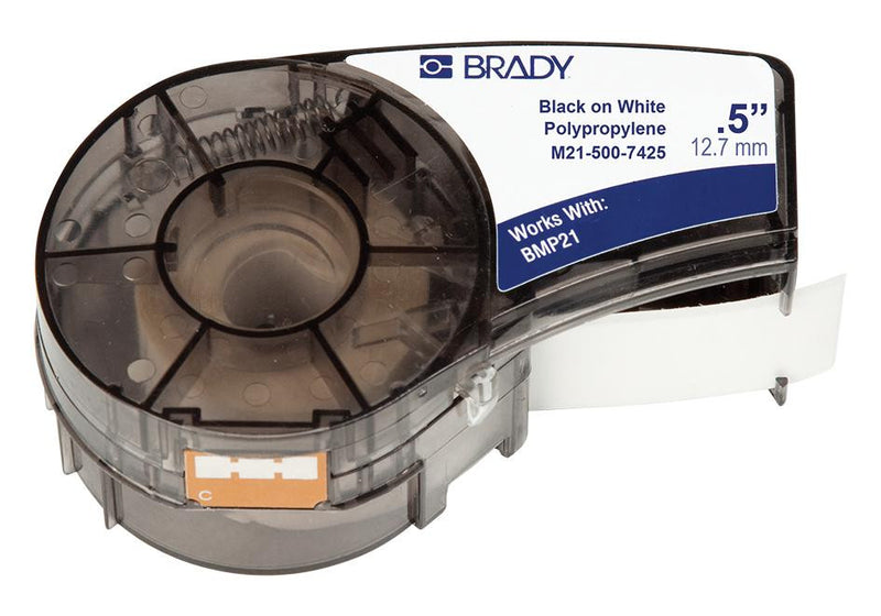 BRADY M21-500-7425 LABEL TAPE, 0.5" X 21FT, BLACK/WHITE