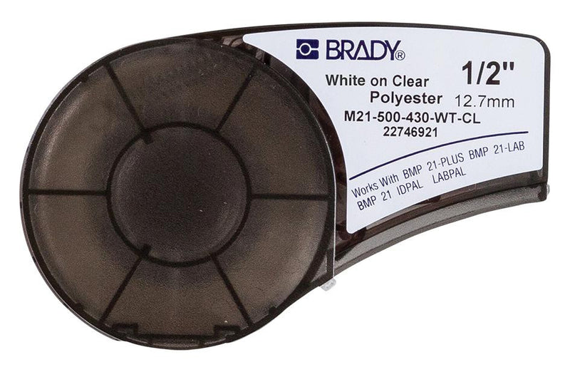 BRADY M21-500-430-WT-CL LABELING TAPE, POLY, 0.5" X 21FT, WHITE/CLEAR