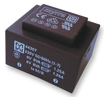 MYRRA 44303 Isolation Transformer, EI 54 x 18.8, 16 VA, 12V, 1 x 230V, PCB MOUNTED 44xxx Series