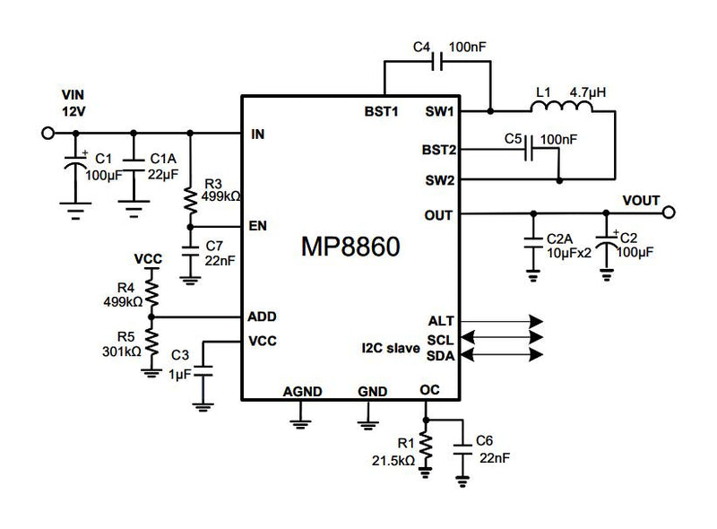 Monolithic Power Systems (MPS) MP8860GQ-0000-P DC-DC Switching Synchronous Buck-Boost Regulator 2.8V-22V in 1V to 20.47V out 2A 500kHz QFN-16