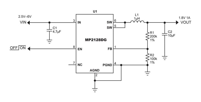 Monolithic Power Systems (MPS) MP2128DT-LF-P DC-DC Switching Synchronous Buck Regulator 2.5V-6V in 600mV to 6V out 1A 2.8MHz SOT-23-5