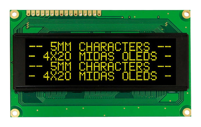 Midas MCOB42005A1V-EYP Alphanumeric Oled 20 x 4 Yellow on Black 5V Parallel English Cyrillic Euro Japanese