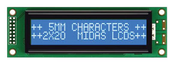 MIDAS MC22005A6WK-BNMLW-V2 Alphanumeric LCD, 20 x 2, White on Blue, 5V, Parallel, English, Euro, Transmissive