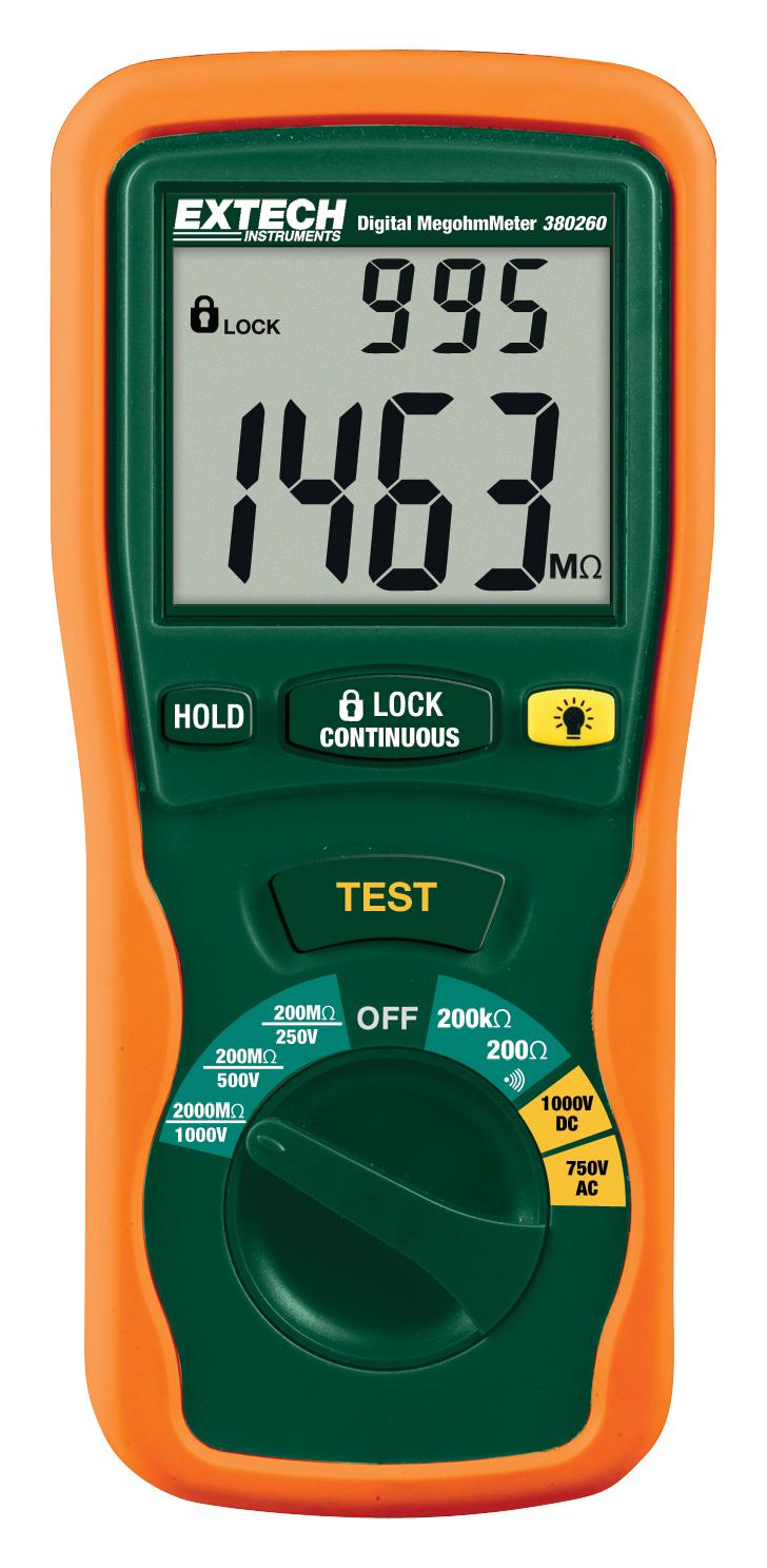Extech Instruments 380260 Insulation Tester Digital Megohmmeter 250V 500V 1kV 200Mohm to 2Gohm 200 mm
