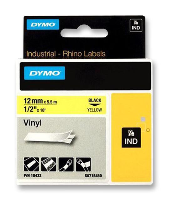 DYMO 18432 TAPE, PERM, VINYL, 12MMX5.5M, YELLOW