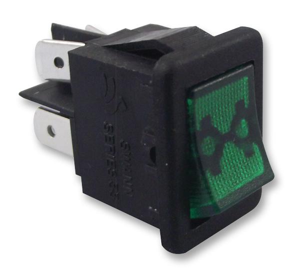 Multicomp PRO MP004804 Rocker Switch Dpdt 12 A 250 VAC Illuminated Panel Quick Connect 21 mm x 15 Green
