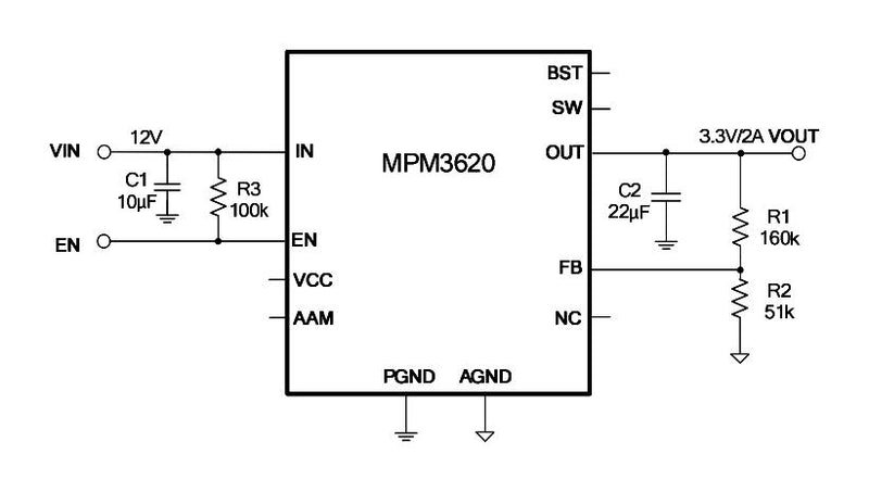 Monolithic Power Systems (MPS) MPM3620GQV-Z DC/DC POL Converter Adjustable Sync Buck 2MHz 4.5V to 24V in 0.8V 18.48V/2A Out QFN-20