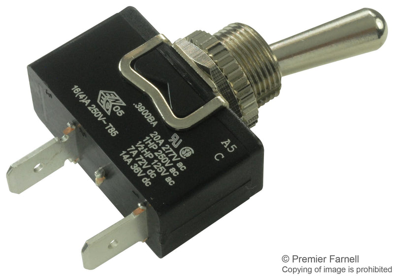 ARCOLECTRIC C3900BAAAA Toggle Switch, SPST, Non Illuminated, Off-On, 3900 Series, Panel, 16 A