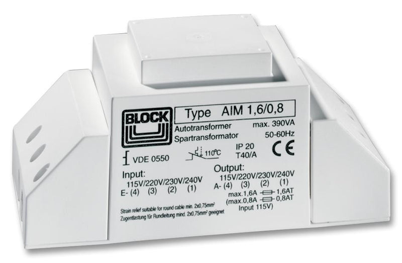 BLOCK AIM1.6/0.8 Auto Transformer, Class II, 240 VAC, 390 VA, 1.6 A, Block AIM Series