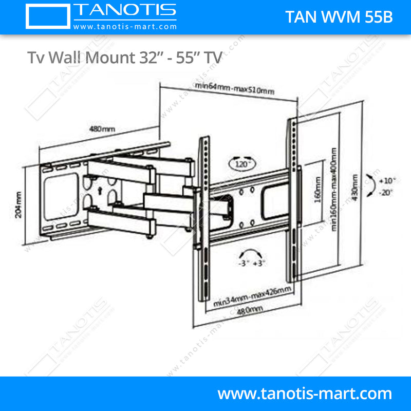 Tanotis - Tanotis Imported Swivel Tilt Heavy Duty Dual Arm Full Motion TV Wall mount for LCD/LED Plasma TV's upto 32" to 55" inch for Flat Wall or Corner mounting with VESA upto 400 MM x 400 MM - 8