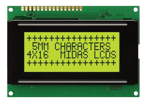 MIDAS MC41605A6WK-SPTLY-V2 Alphanumeric LCD, 16 x 4, Black on Yellow / Green, 5V, Parallel, English, Euro, Transflective
