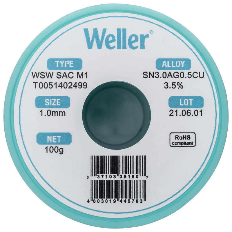 Weller T0051386570 T0051386570 Solder Wire No Clean Lead Free 96.5 3 0.5 Sn Ag Cu 10G 221 &Acirc;&deg;C WSW Series 0.2 mm OD New