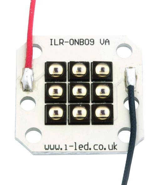 Intelligent LED Solutions ILR-IN09-85NL-SC201-WIR200. IR Module 9 Chip 850 nm 5.985 W/Sr Square PCB/M3 Hole 15.75 to 20.7 V 200 mm Red & Black New