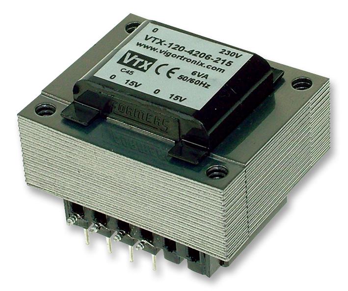 VIGORTRONIX VTX-120-006-515 Isolation Transformer, PCB, 6 VA, 2 x 15V, 200 mA, 110V, 220V, 240V