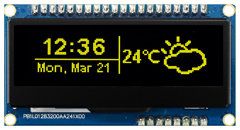 Midas MDOB128032FCV-YM MDOB128032FCV-YM Graphic Oled 128 x 32 Pixels Yellow on Black 3.3V I2C Parallel SPI 66.5mm 35mm -40 &Acirc;&deg;C
