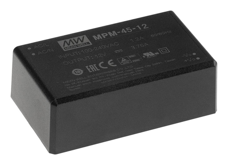Mean Well MPM-45-12 AC/DC PCB Mount Power Supply (PSU) 113 to 370VDC ITE & Medical 1 Output 45 W 12 V 3.75 A