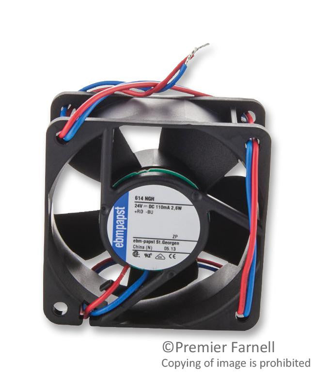 EBM-PAPST 614NGH Axial Fan, 600NG Series, 24 V, DC, 60 mm, 25 mm, 38 dBA, 27.1 cu.ft/min