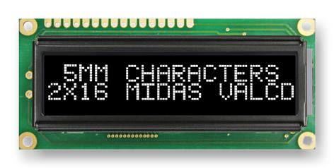 MIDAS MC21605G12W-VNMLWS Alphanumeric LCD, 16 x 2, White on Black, 5V, SPI, English, Japanese, Transmissive
